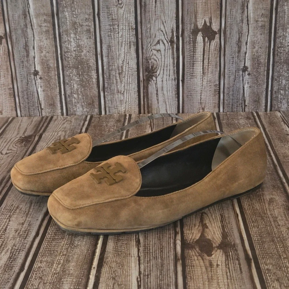 Sz 10.5 M Womens Tory Burch Fitz Brown Suede Square Toe Loafers Flats Shoes